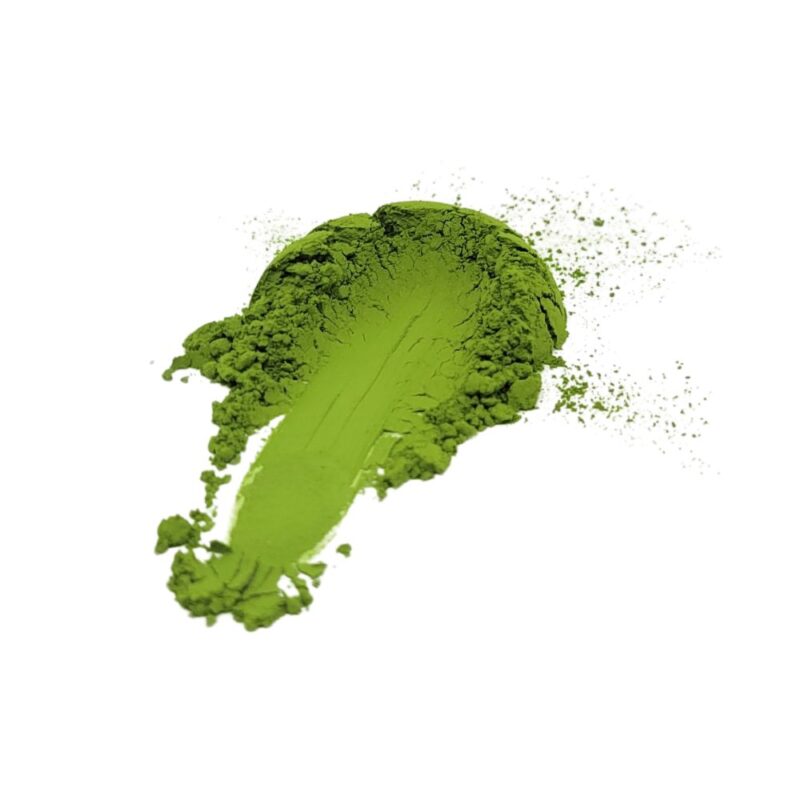 ujiha awa organic ceremonial grade matcha smeared on a piece of white paper
