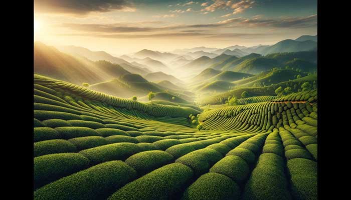 japanese-matcha-vs-chinese-matcha-2 A picturesque landscape of sprawling tea plantations in China, with rows of lush tea bushes under a clear sky, illustrating the natural environment of Chinese matcha cultivation.
