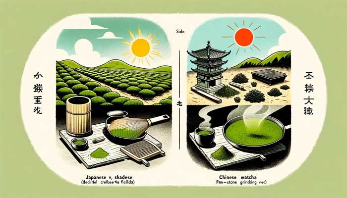 japanese-matcha-vs-chinese-matcha-3 An illustrative depiction showcasing the distinct production methods of Japanese and Chinese matcha. One side features the delicate, shaded tea fields and traditional stone grinding of Japanese matcha, while the other side displays the sun-exposed tea fields and pan-firing method characteristic of Chinese matcha production.