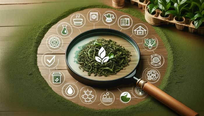 An image representing the theme of quality and purity in Chinese matcha powder, featuring a magnifying glass inspecting tea leaves, with symbols of organic certification and environmental health like clean water and fertile soil, emphasizing the importance of thorough quality assessment and sustainable practices in tea production.