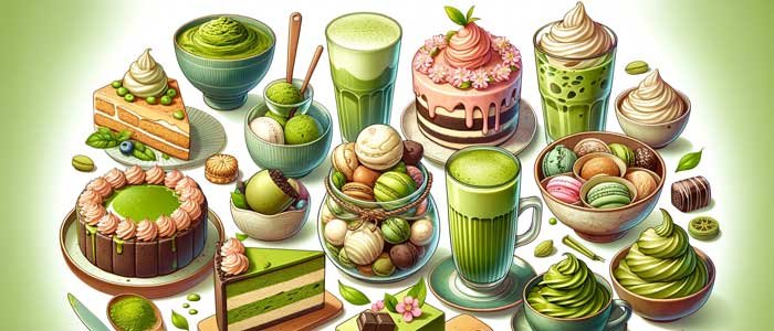 japanese-matcha-vs-chinese-matcha-6 An array of matcha-infused culinary delights, including ice cream, cakes, lattes, and traditional sweets, showcasing the versatility of matcha in Japanese and Chinese cuisine.