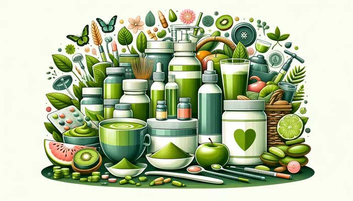 japanese-matcha-vs-chinese-matcha-7 A diverse collection of health and wellness products derived from matcha, such as nutritional supplements, skincare items, and healthy beverages, representing the broad health benefits of matcha.