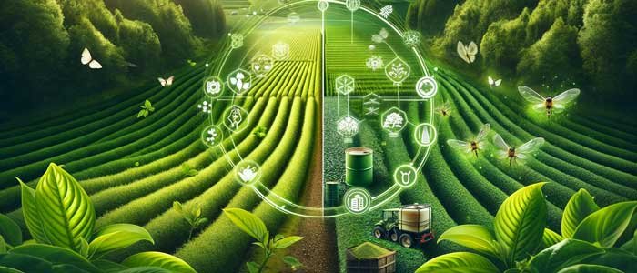 A vivid portrayal of 'Organic Matcha: A Safer Alternative', highlighting a lush green, organically cultivated matcha farm with healthy soil and natural methods, contrasted against a conventional farm with chemical sprayers, emphasizing the environmental and health benefits of organic matcha.