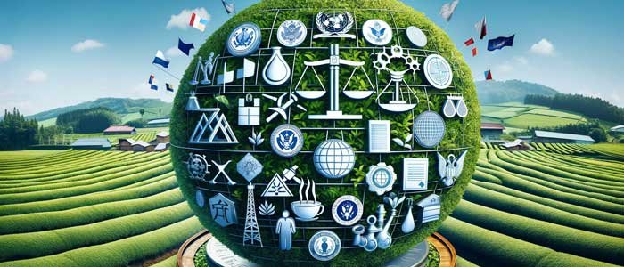 pesticides-in-matcha-regulations A symbolic representation of international and local regulations in matcha production, featuring scales of justice, flags, and official seals juxtaposed with matcha fields, illustrating the intricate network of standards and compliance governing the matcha industry.