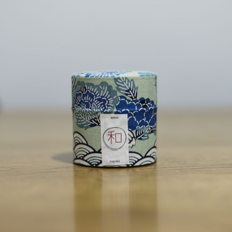 nagomi ceremonial organic matcha in a can wrapped in washi paper with japanese inspired pattern